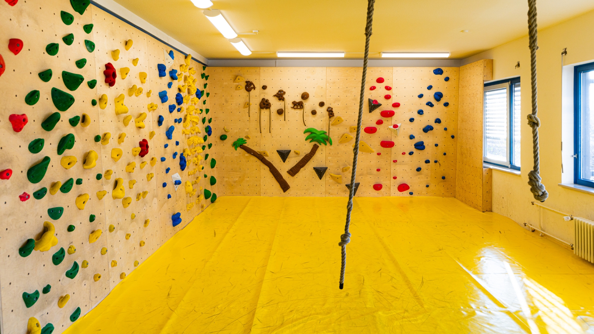 Kinderbereich der Boulderkitchen Freiburg mit bunter Boulderwand und Klettermatten
