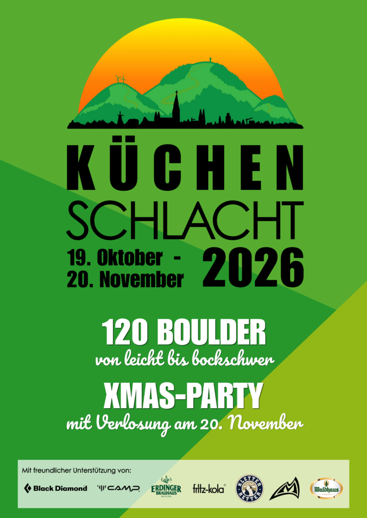 Grünes Plakat der Küchenschlacht 2026 der Boulderkitchen Freiburg mit Sonne und Freiburger Skyline samt Münster und Schauinsland. Zu lesen: 19. Oktober bis 20. November, 120 Boulder von leicht bis bockschwer, X-Mas-Party mit Verlosung am 20. November. Unten die Logos der Sponsoren.